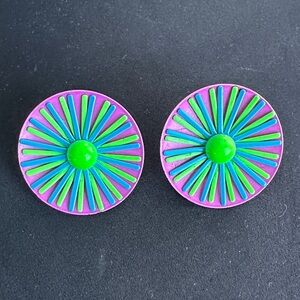 Vintage Colorful 60’s Enamel on Metal Clip On Large Round Earrings